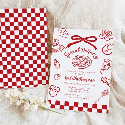 Special Delivery Whimsical Bow Pizza Baby Shower 招待状