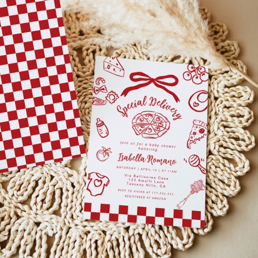 Special Delivery Whimsical Bow Pizza Baby Shower 招待状