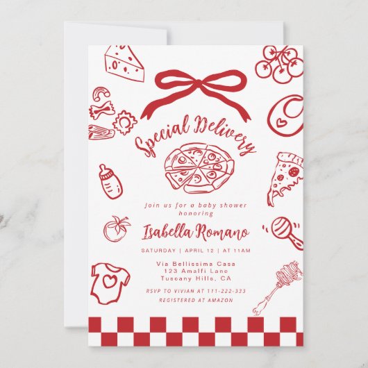 Special Delivery Whimsical Bow Pizza Baby Shower 招待状 (正面)