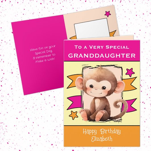 Special Granddaughter monkey kids pink birthday カード