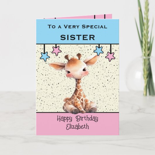 Special Sister giraffe kids blue birthday カード (正面)