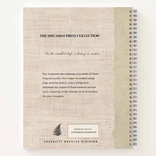 Specimen Press: Fossil Fern Linen Look Organic ノートブック (裏面)