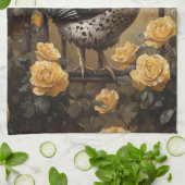 Speckled Hen with Yellow Roses Oil Painting キッチンタオル (折り畳み)