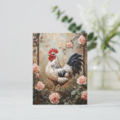 Speckled Rooster Among Pink Roses ポストカード (スタンド正面)