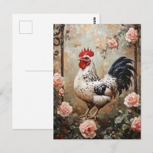 Speckled Rooster Among Pink Roses ポストカード (正面/裏面)