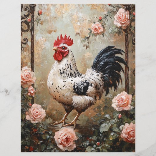Speckled Rooster Among Pink Roses Scrapbook Paper (裏面)