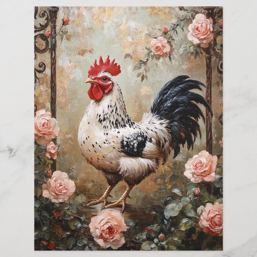 Speckled Rooster Among Pink Roses Scrapbook Paper (正面)