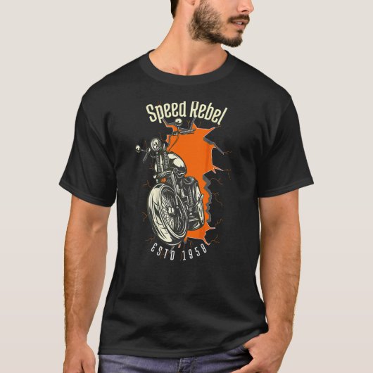 Speed Rebel Estd 1958バイクもしくは自転車に乗る人とチャプター Tシャツ (正面)