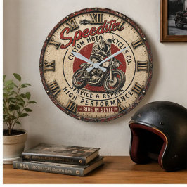 Speedster Motorcycle Vintage Café Racer Garage ラージ壁時計