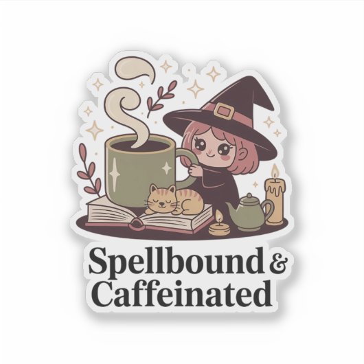 Spellbound & Caffeinated — Cozy Witch Tea シール (正面)