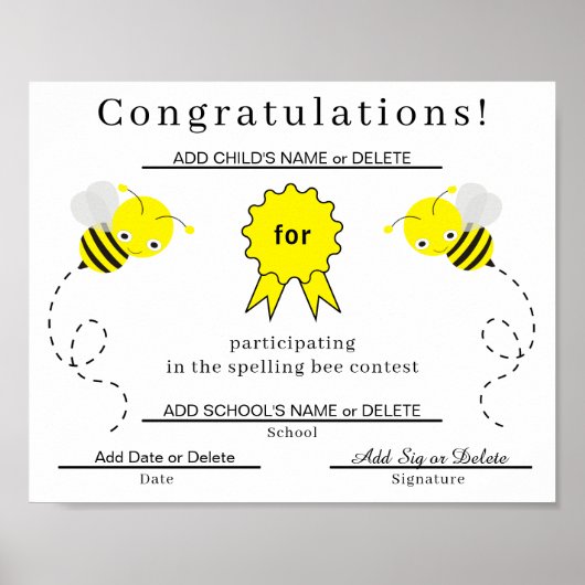 Spelling Bee Participant 子供へ Certificate ポスター (正面)