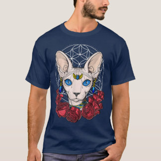 Sphyn Cat Hairless Cat聖幾何学フローラWome Tシャツ
