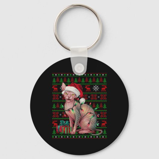 Sphynx猫のクリスマスライト醜いサンタ帽子Sphynx猫C キーホルダー (正面)