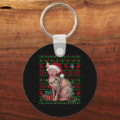 Sphynx猫のクリスマスライト醜いサンタ帽子Sphynx猫C キーホルダー (正面)