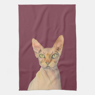 Sphynx猫の水彩画のポートレート キッチンタオル