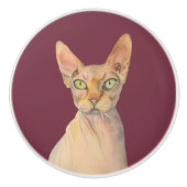 Sphynx猫の水彩画のポートレート セラミックノブ (正面)