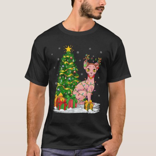 Sphynx猫好きマッチングクリスマス照明Sphynx Cat Tシャツ (正面)