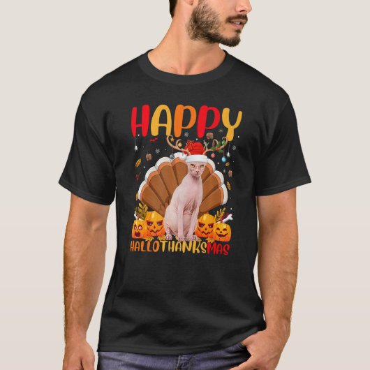 Sphynx CatハッピースフィンクスCat Hellothanksmas Tシャツ (正面)