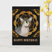 Sphynx Cat忍者ヴィンテージスタイルBlack金ゴールド誕生日 カード (黄色い花)