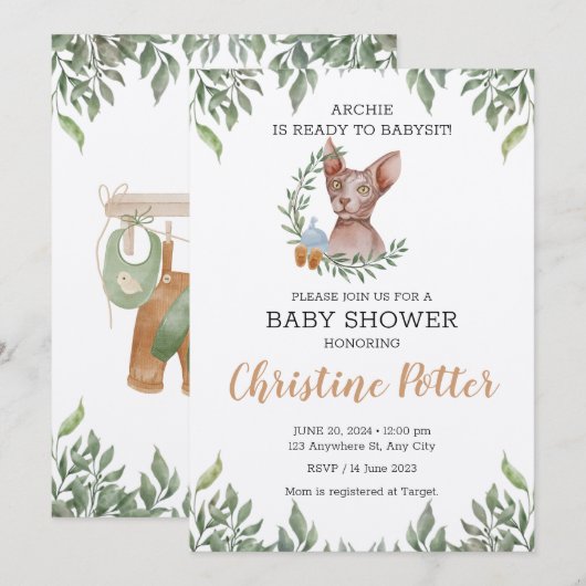 Sphynx Cat Boy Boho Greeneryベビーシャワー 招待状 (正面/裏面)