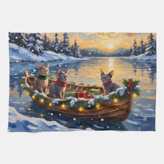 Sphynx Cat Christmas Boat Holiday キッチンタオル (横)