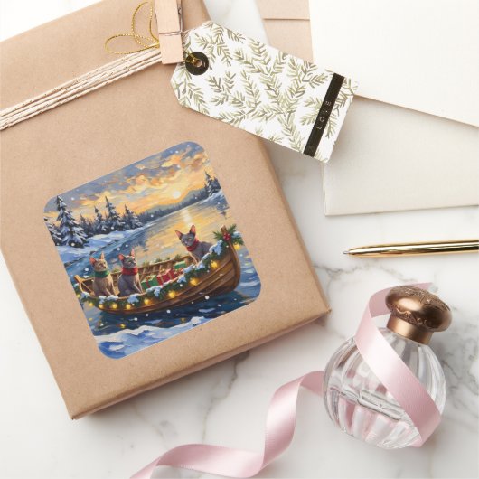 Sphynx Cat Christmas Boat Holiday スクエアシール (ギフト)