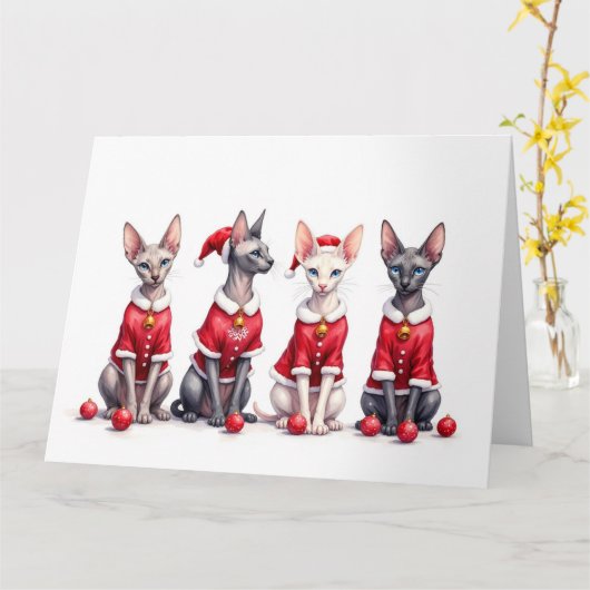 Sphynx Cat Christmas Dress Santa Hat カード (黄色い花)