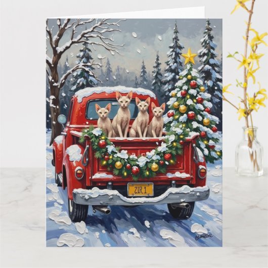 Sphynx Cat Christmas Red Truck Holiday カード (黄色い花)