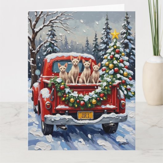 Sphynx Cat Christmas Red Truck Holiday カード (正面)