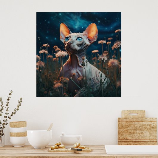 Sphynx Cat Gazing Sky – Vibrant Floral Art ポスター (キッチン)