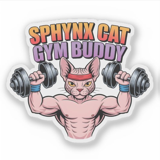 Sphynx Cat Gym Buddy Muscular Cartoon シール (正面)