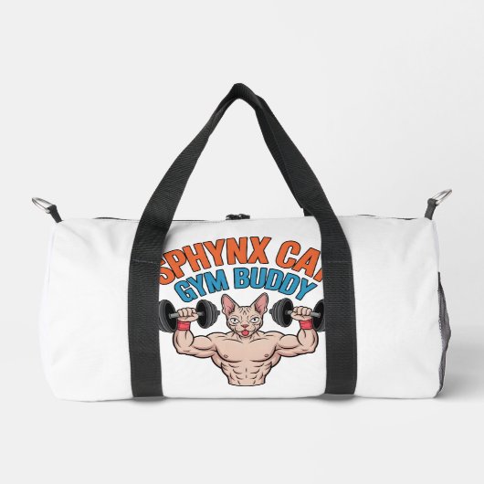 Sphynx Cat Gym Buddy Muscular Cartoon Art ダッフルバッグ (正面)