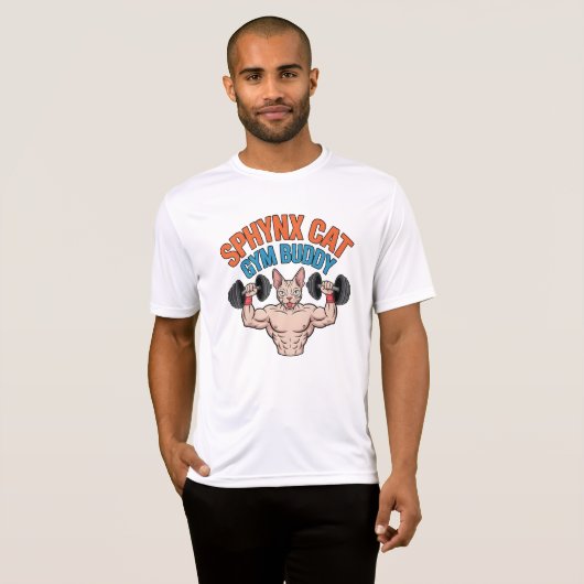 Sphynx Cat Gym Buddy Muscular Cartoon Art Tシャツ (正面フル)