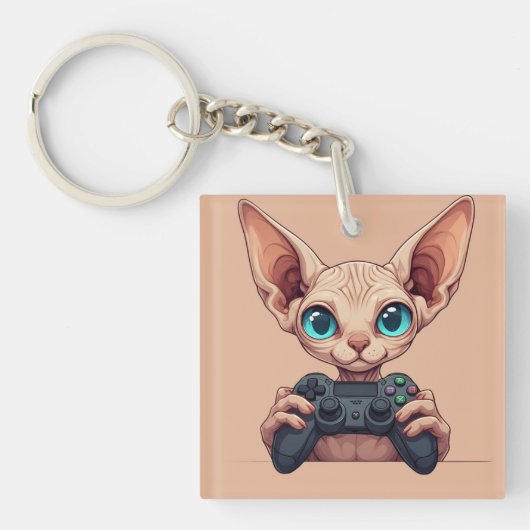 Sphynx Cat Holding Game Controller キーホルダー (正面)