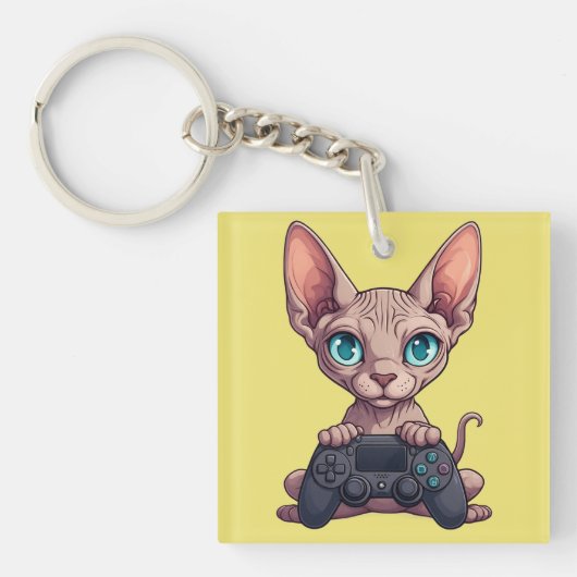 Sphynx Cat Holding Game Controller キーホルダー (正面)