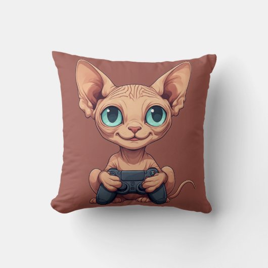 Sphynx Cat Holding Game Controller クッション (正面)
