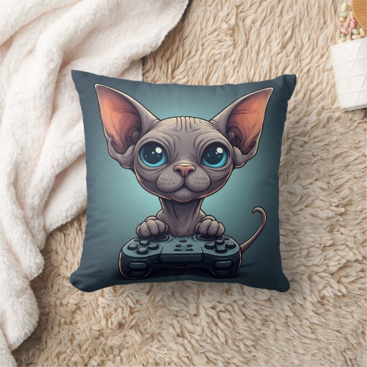 Sphynx Cat Holding Game Controller クッション (ブランケット)