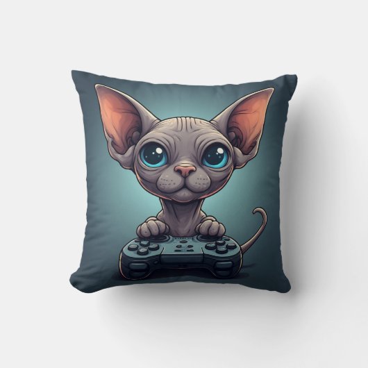 Sphynx Cat Holding Game Controller クッション (正面)