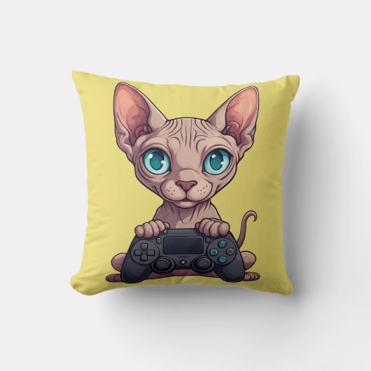 Sphynx Cat Holding Game Controller クッション (正面)