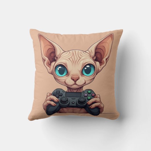 Sphynx Cat Holding Game Controller クッション (裏面)