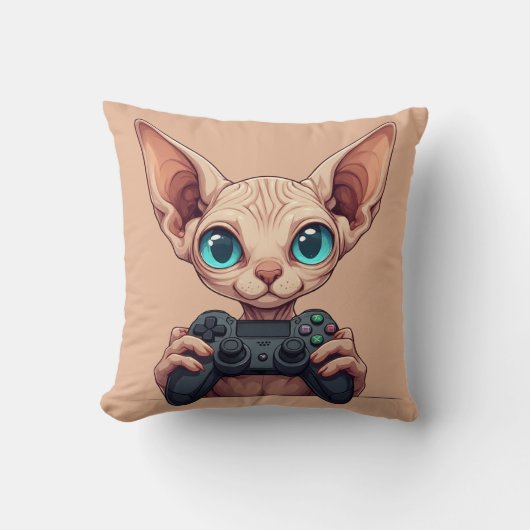 Sphynx Cat Holding Game Controller クッション (正面)