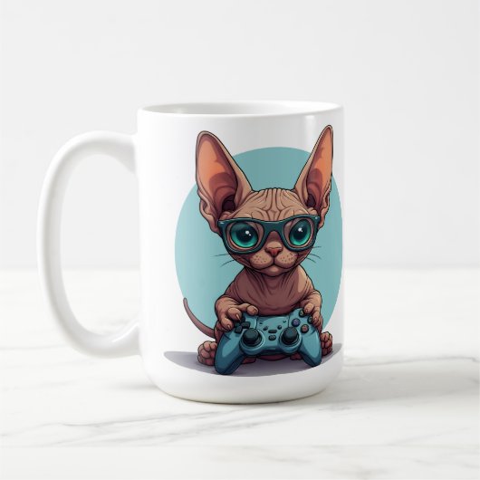 Sphynx Cat Holding Game Controller コーヒーマグカップ (左)