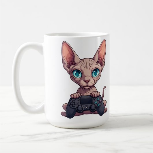 Sphynx Cat Holding Game Controller コーヒーマグカップ (左)