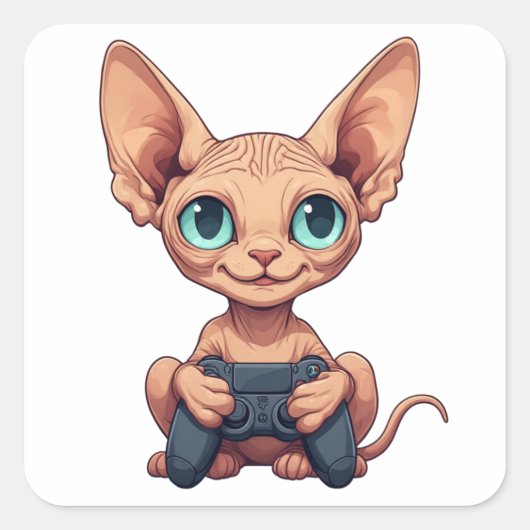 Sphynx Cat Holding Game Controller スクエアシール (正面)