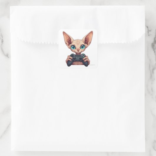 Sphynx Cat Holding Game Controller スクエアシール (バッグ)