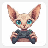 Sphynx Cat Holding Game Controller スクエアシール (正面)