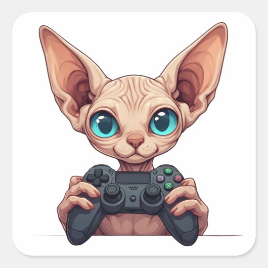 Sphynx Cat Holding Game Controller スクエアシール (正面)