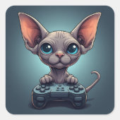 Sphynx Cat Holding Game Controller スクエアシール (正面)