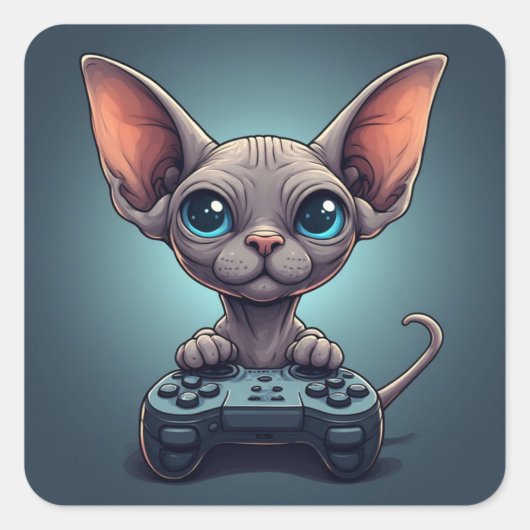 Sphynx Cat Holding Game Controller スクエアシール (正面)