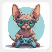 Sphynx Cat Holding Game Controller スクエアシール (正面)